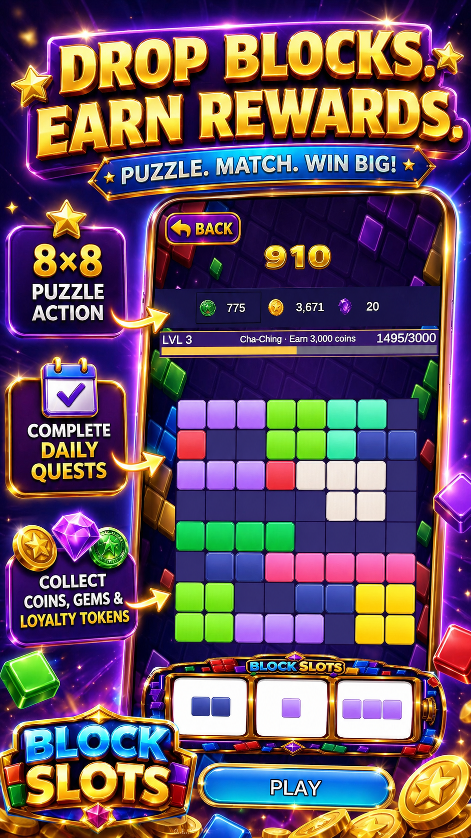 Drop blocks. Earn rewards. 8x8 puzzle action with daily quests and loyalty tokens.