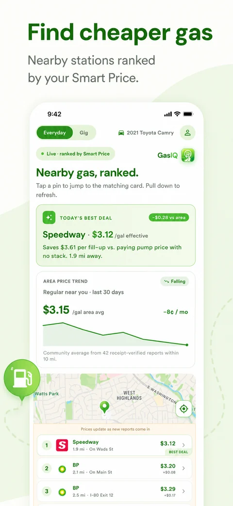 Nearby gas stations ranked by Smart Price