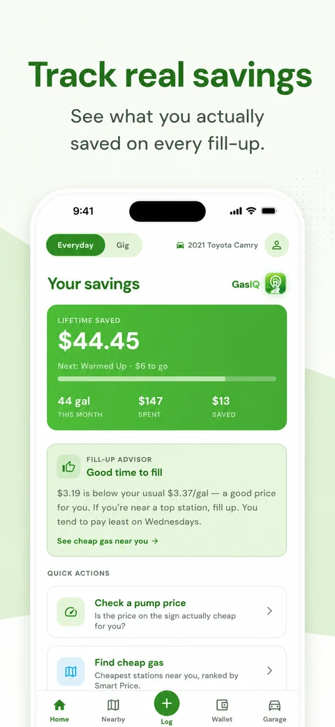 Track real savings on every fill-up