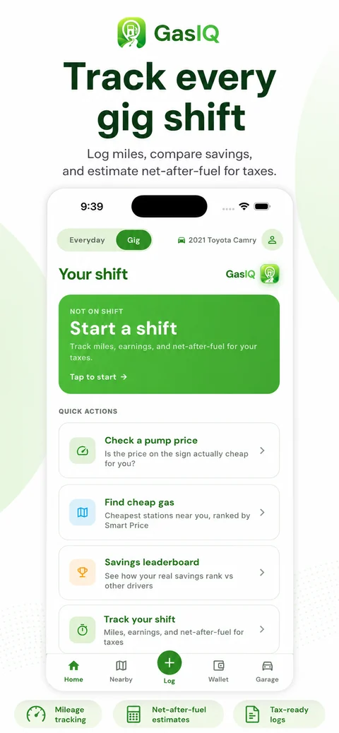 Track every gig shift — miles, savings, and net-after-fuel for taxes