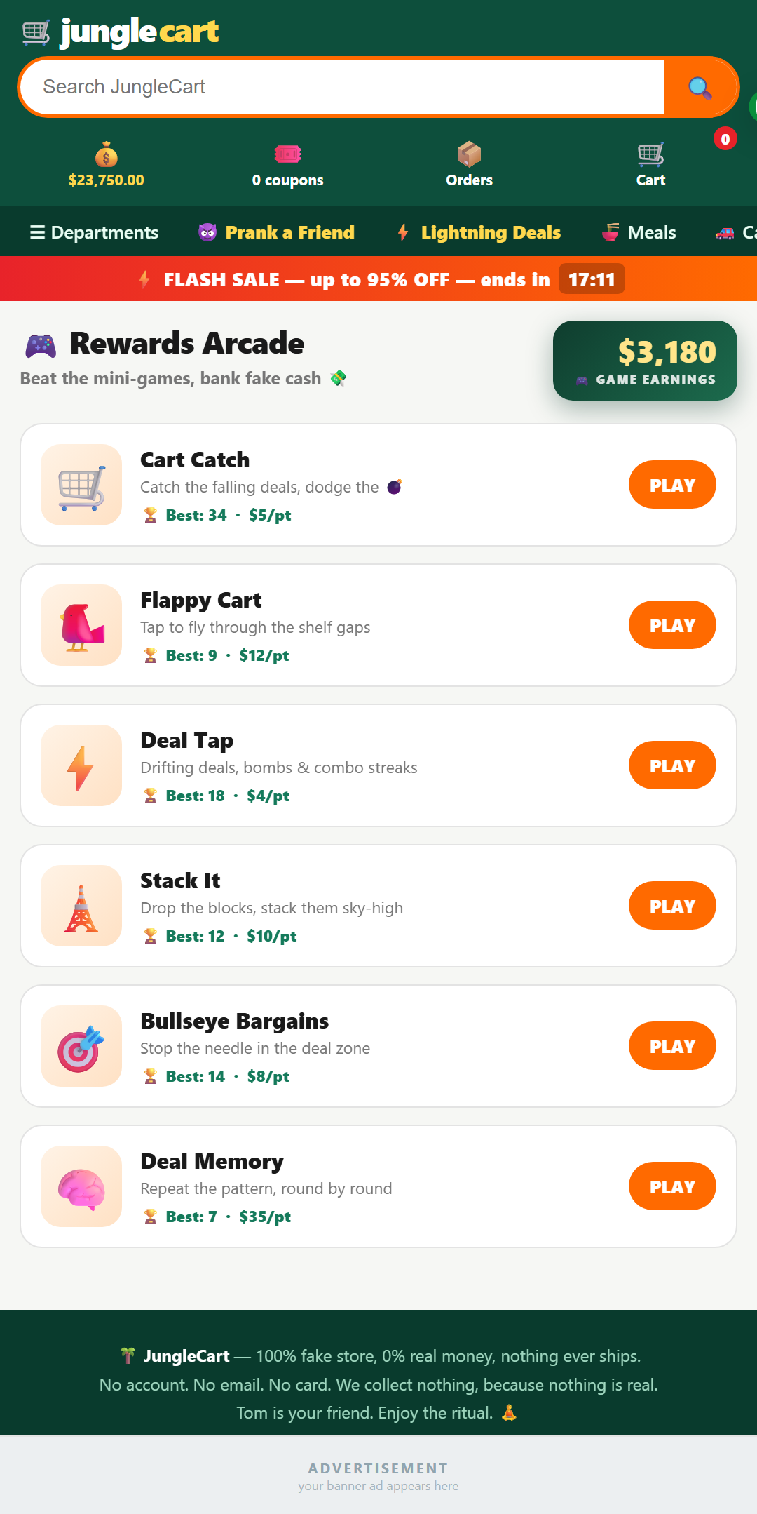Rewards Arcade — six mini-games that pay out fake cash
