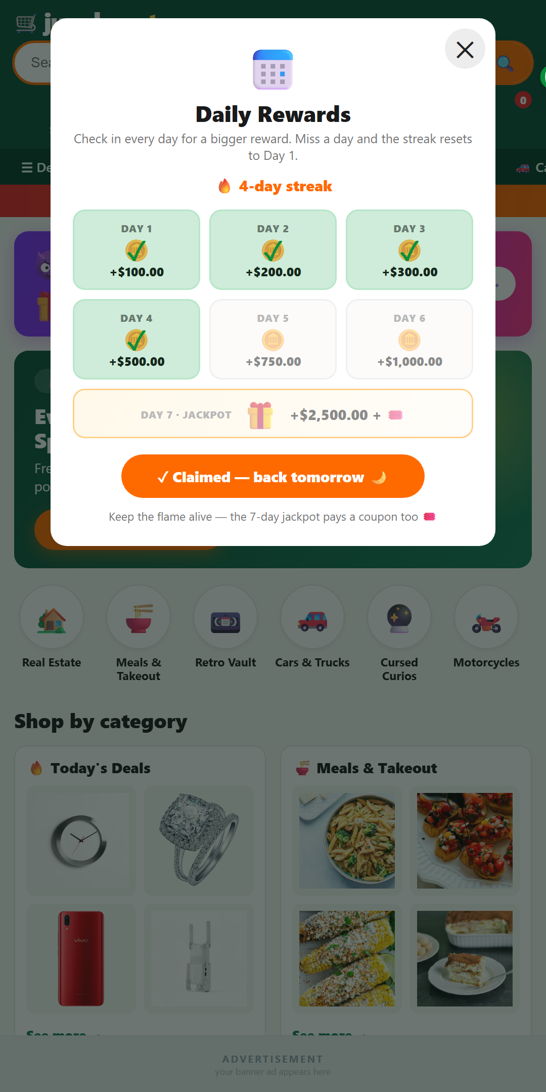 Daily rewards streak calendar