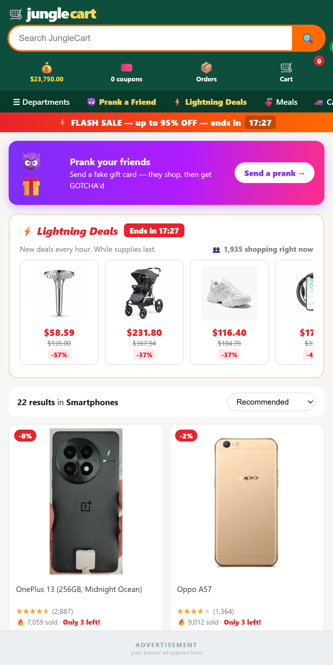 JungleCart product grid with real-looking deals