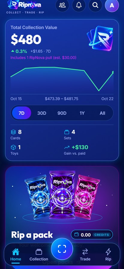 RipNova home screen with total collection value